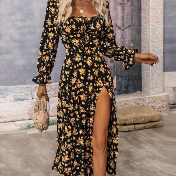 Dresses & Skirts - Floral Black and Yellow Women's Dress